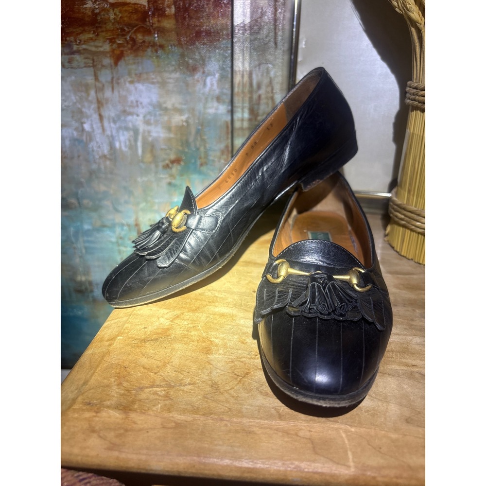 Cole Haan Womens Black Leather Kiltie Tassel Horsebit Loafers Made in Italy 7 AA